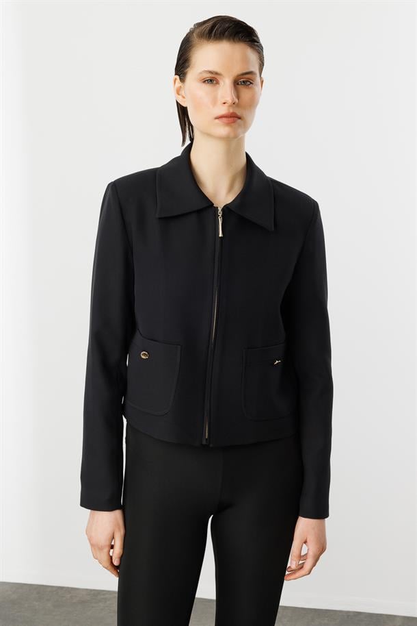 Fermuar Detaylı Kısa Ceket-SİYAH