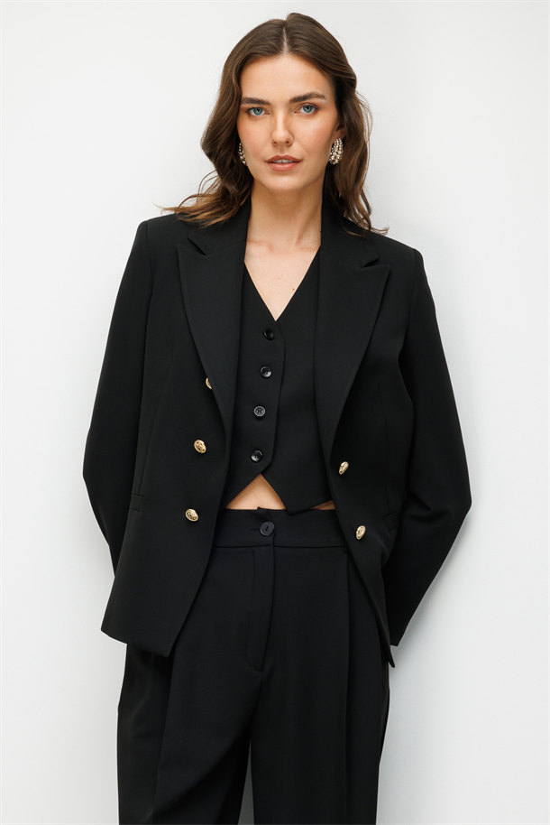 Kruvaze Yaka Ceket-SİYAH