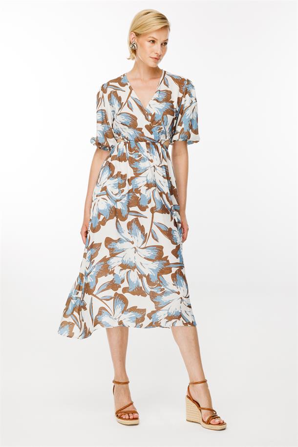 Kruvaze Yaka Cut Out Detaylı Elbise-MAVİ