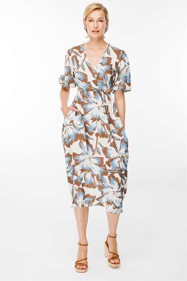 Kruvaze Yaka Cut Out Detaylı Elbise-MAVİ