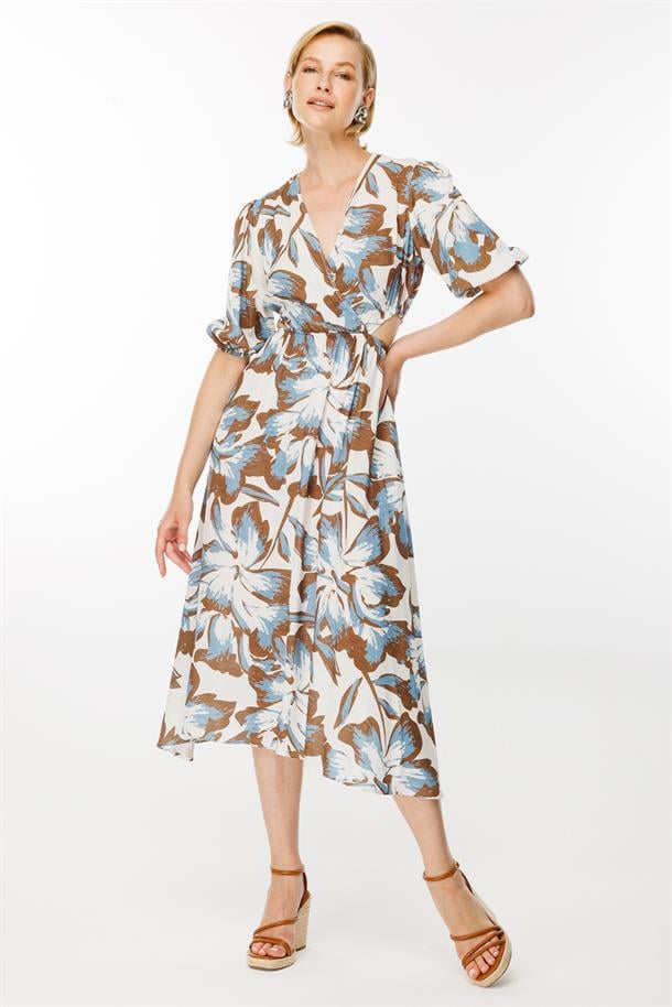 Kruvaze Yaka Cut Out Detaylı Elbise-MAVİ