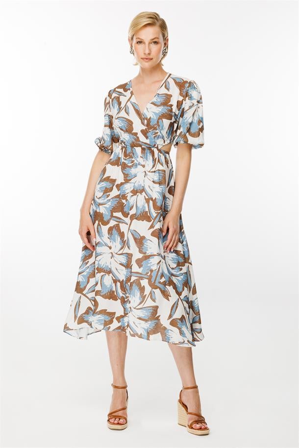 Kruvaze Yaka Cut Out Detaylı Elbise-MAVİ