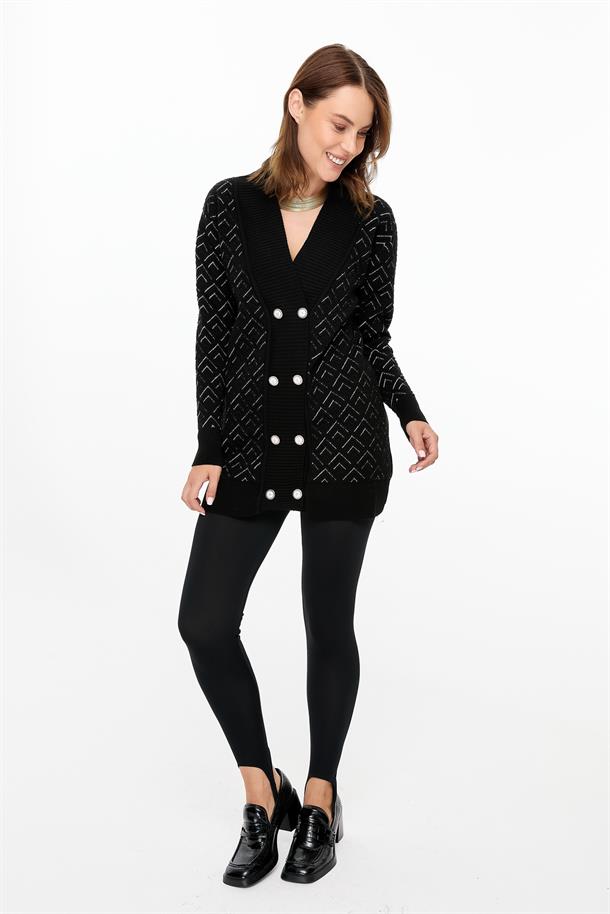 Düğme Detaylı Desenli Triko Hırka-SİYAH