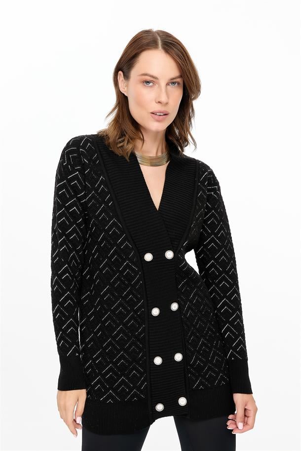 Düğme Detaylı Desenli Triko Hırka-SİYAH