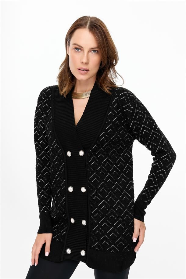 Düğme Detaylı Desenli Triko Hırka-SİYAH