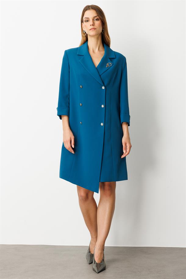 Kruvaze Yaka Düğmeli Ceket Elbise-SİYAH-PETROL