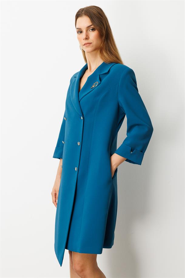 Kruvaze Yaka Düğmeli Ceket Elbise-SİYAH-PETROL