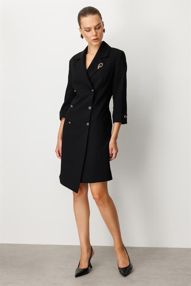 Kruvaze Yaka Düğmeli Ceket Elbise-SİYAH-SİYAH