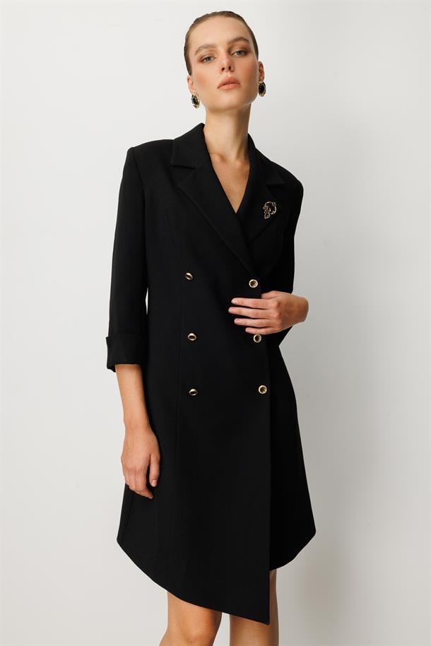 Kruvaze Yaka Düğmeli Ceket Elbise-SİYAH-SİYAH