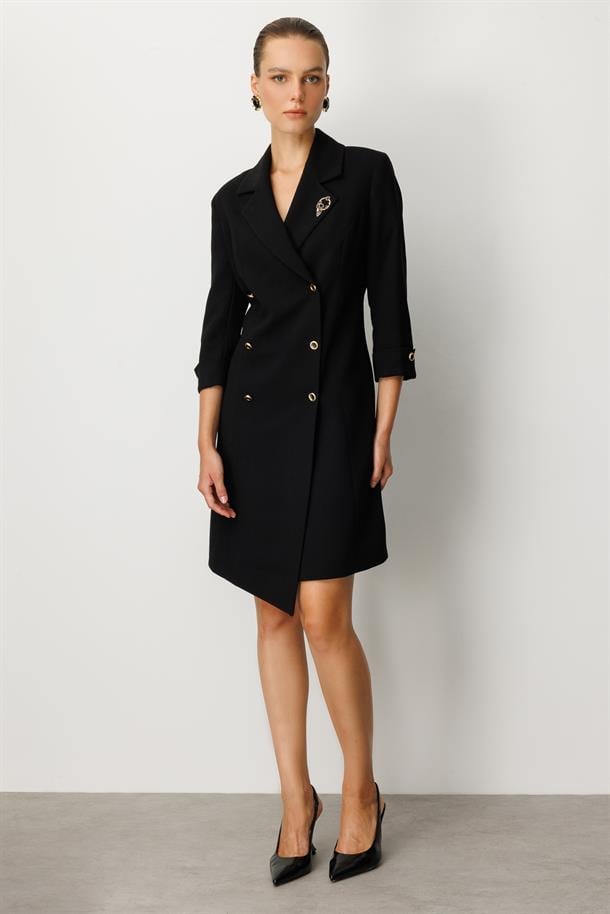 Kruvaze Yaka Düğmeli Ceket Elbise-SİYAH-SİYAH