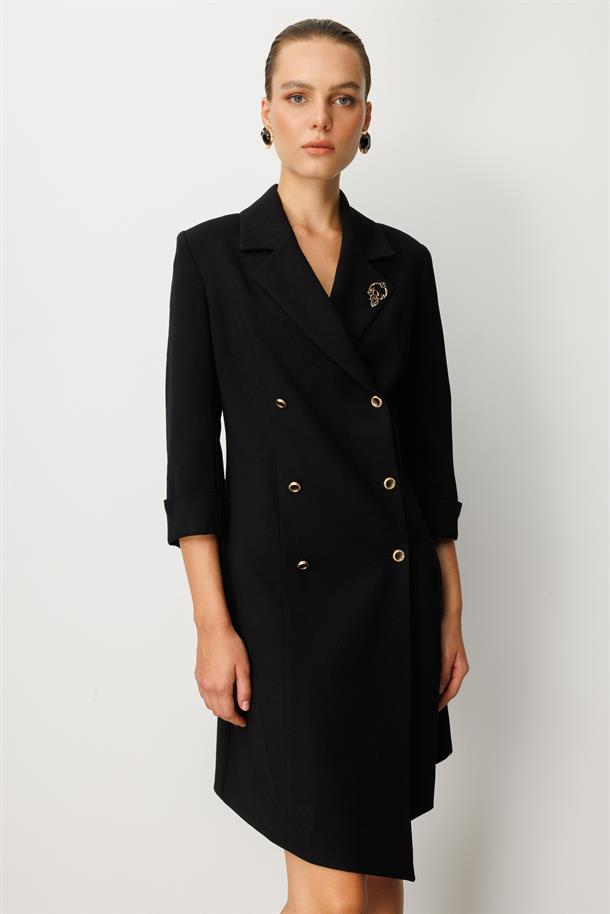 Kruvaze Yaka Düğmeli Ceket Elbise-SİYAH-SİYAH