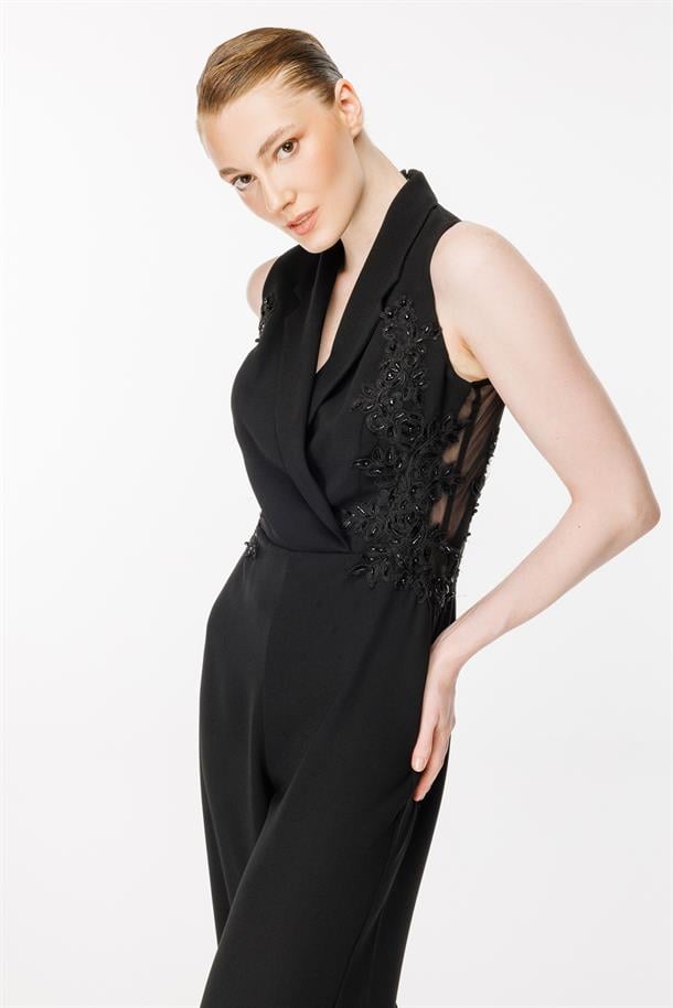 Kruvaze Yaka Güpür Detaylı Abiye Tulum-SİYAH