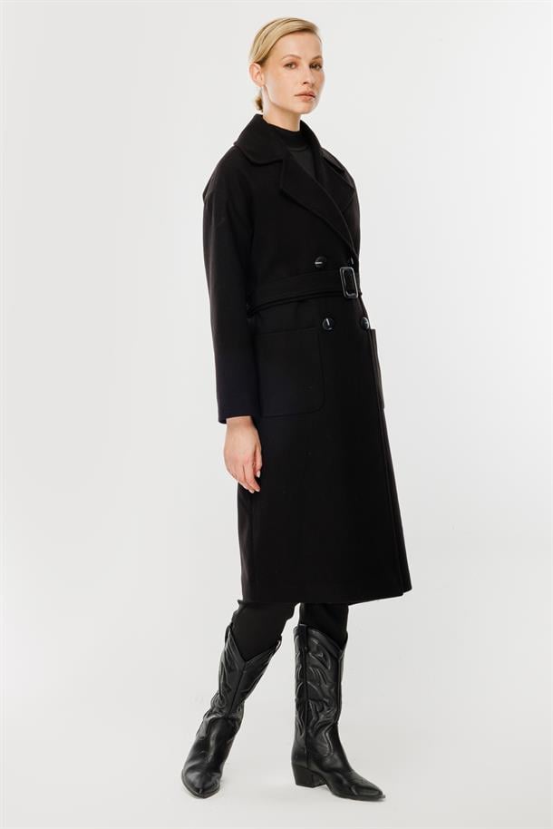 Kruvaze Yaka Kaşe Kaban-SİYAH