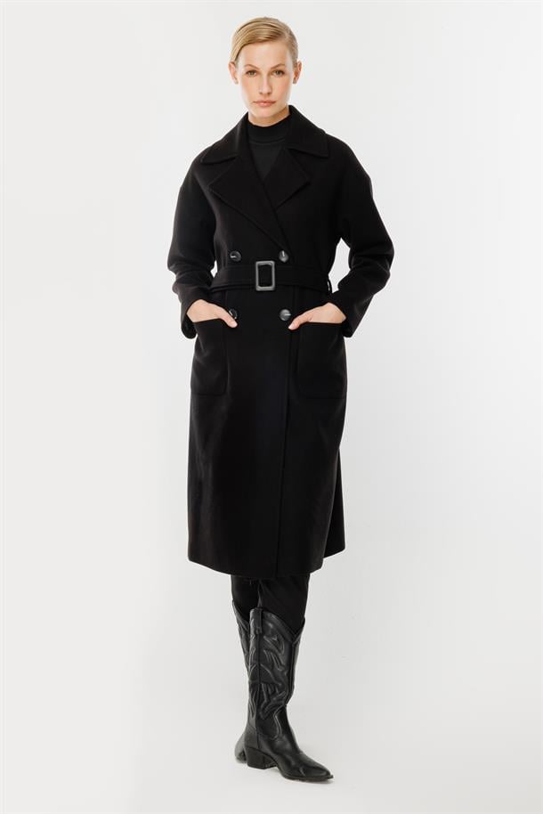 Kruvaze Yaka Kaşe Kaban-SİYAH