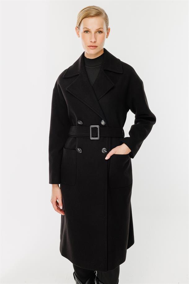 Kruvaze Yaka Kaşe Kaban-SİYAH