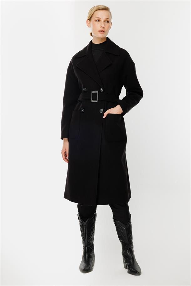 Kruvaze Yaka Kaşe Kaban-SİYAH