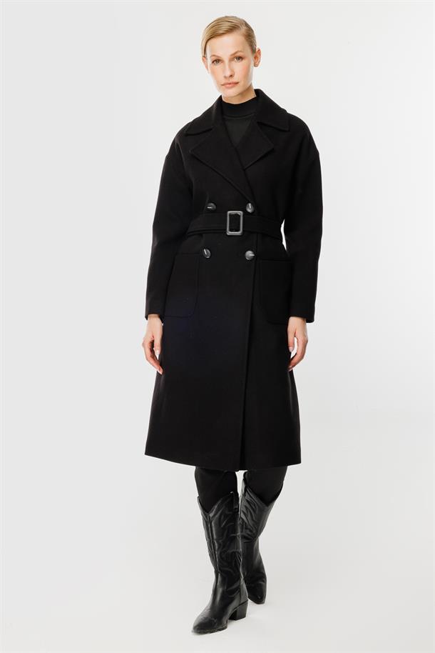 Kruvaze Yaka Kaşe Kaban-SİYAH