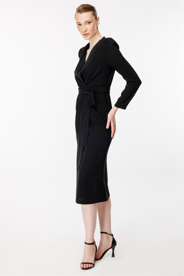 Kruvaze Yaka Kemerli Abiye Elbise-SİYAH