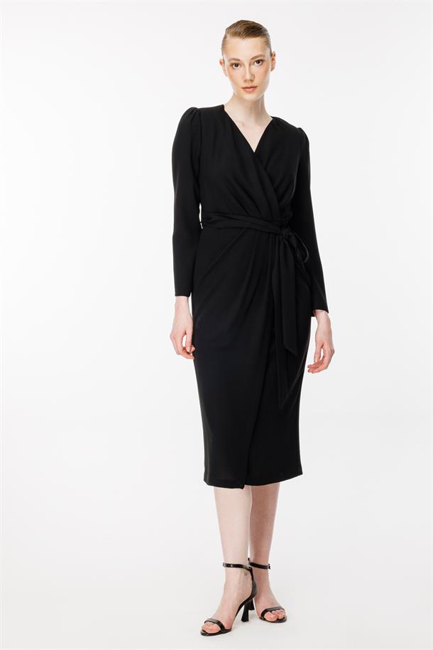 Kruvaze Yaka Kemerli Abiye Elbise-SİYAH
