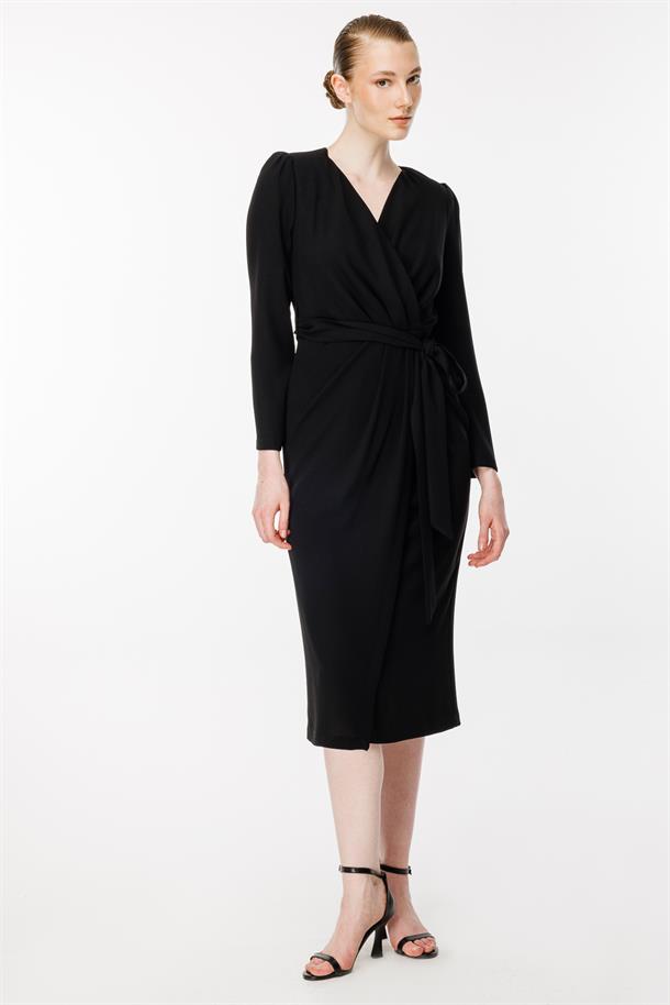 Kruvaze Yaka Kemerli Abiye Elbise-SİYAH