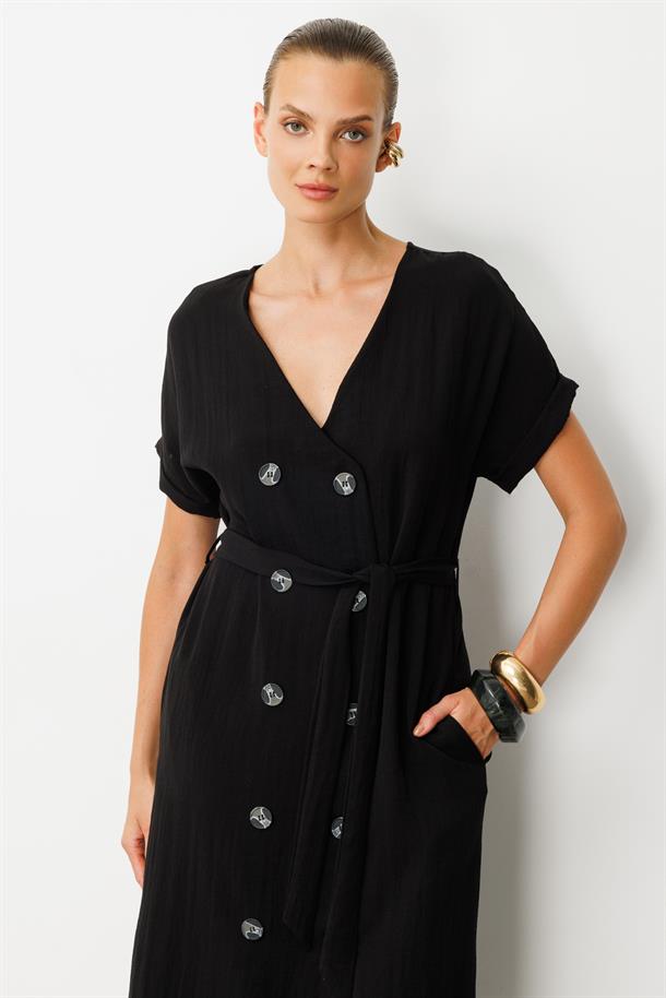 Kruvaze Yaka Keten Görünümlü Elbise-SİYAH