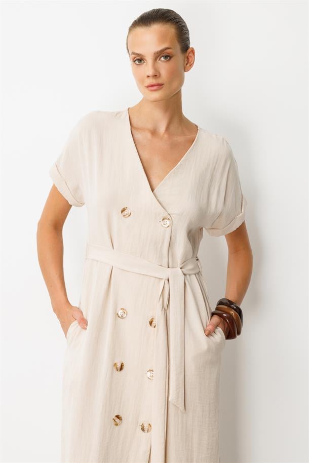 Kruvaze Yaka Keten Görünümlü Elbise-TAŞ