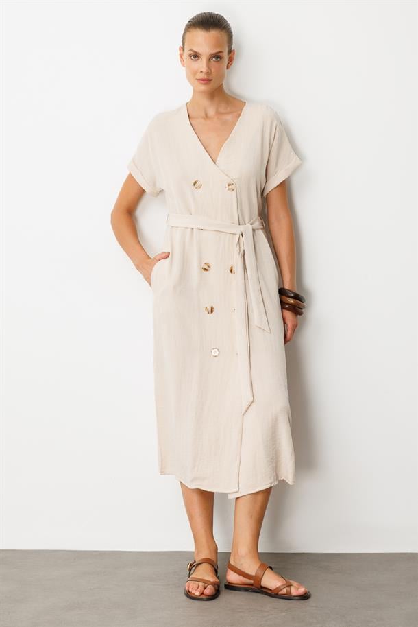 Kruvaze Yaka Keten Görünümlü Elbise-TAŞ