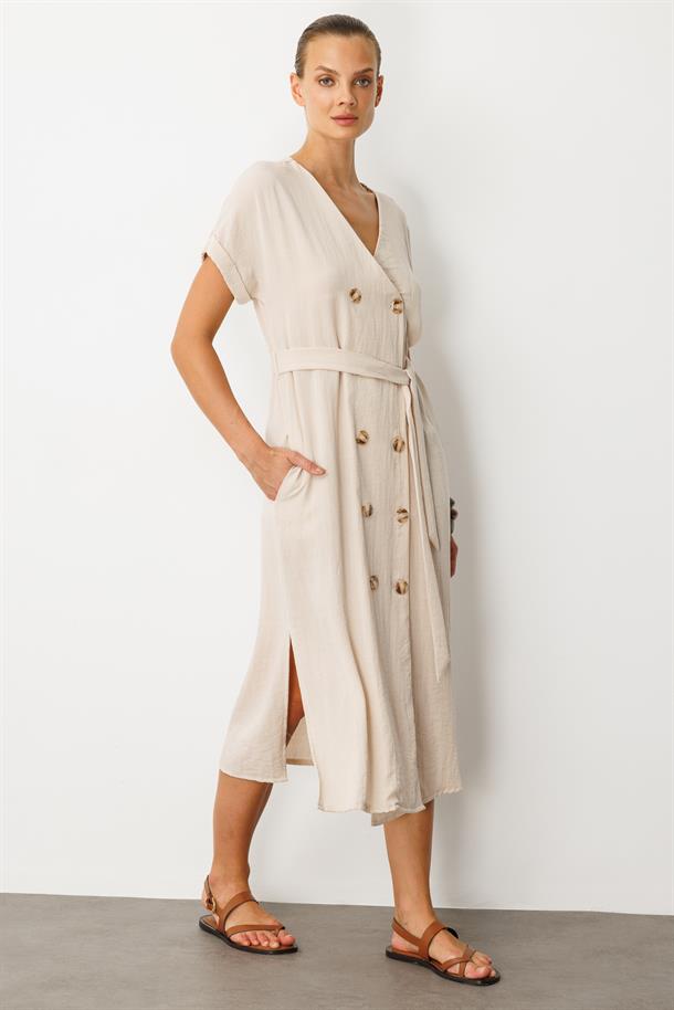 Kruvaze Yaka Keten Görünümlü Elbise-TAŞ