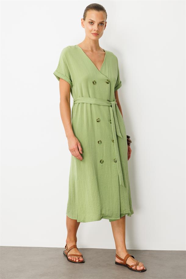 Kruvaze Yaka Keten Görünümlü Elbise-YEŞİL