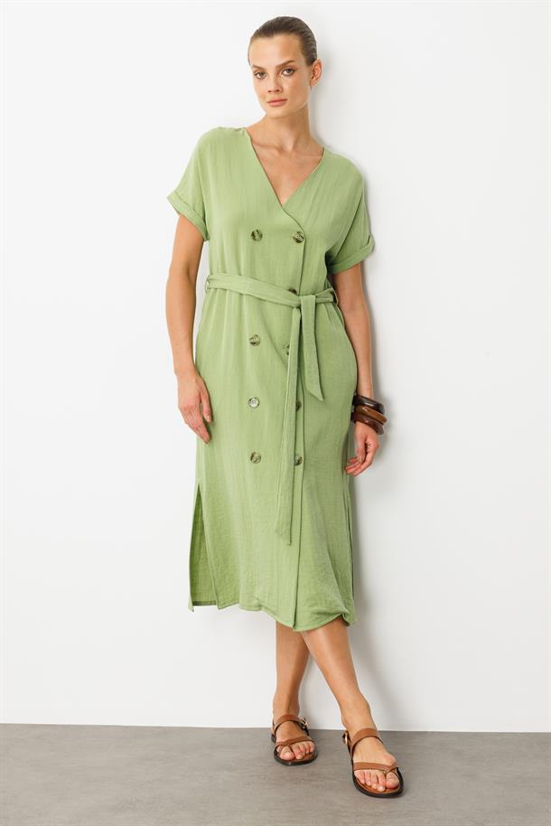 Kruvaze Yaka Keten Görünümlü Elbise-YEŞİL