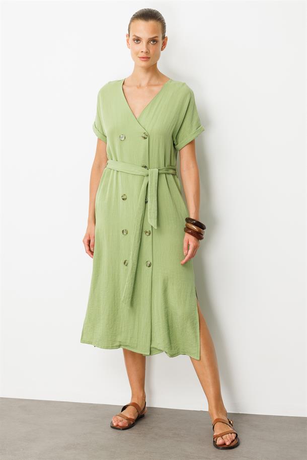 Kruvaze Yaka Keten Görünümlü Elbise-YEŞİL