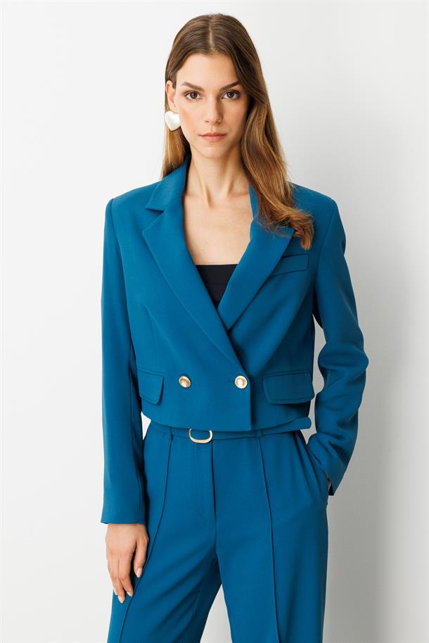 Kruvaze Yaka Kısa Ceket-PETROL