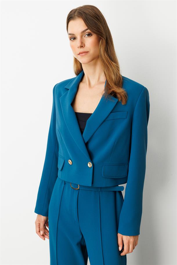 Kruvaze Yaka Kısa Ceket-PETROL