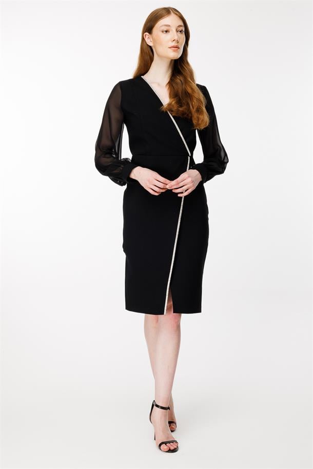 Kruvaze Yaka Kolları Şifon Önü Parlak Taş Detaylı Abiye-SİYAH