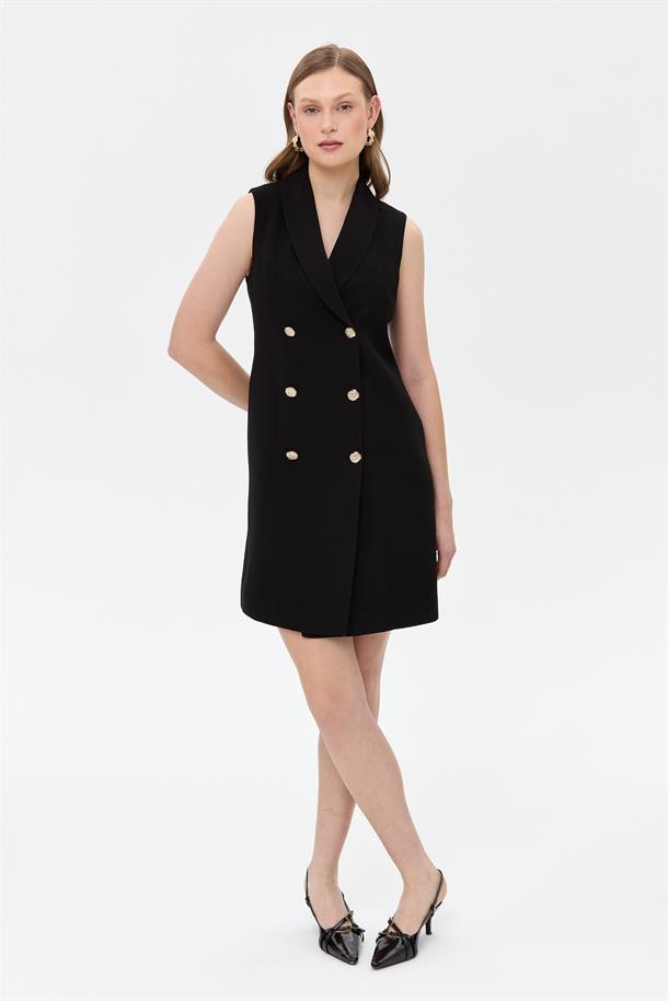 Kruvaze Yaka Kolsuz Krep Elbise-SİYAH