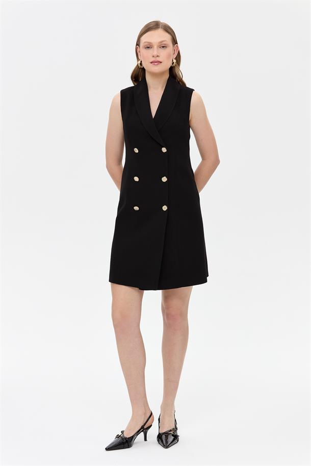 Kruvaze Yaka Kolsuz Krep Elbise-SİYAH