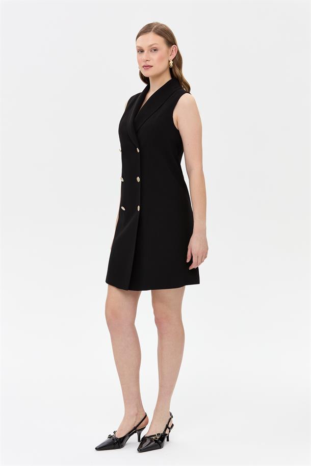 Kruvaze Yaka Kolsuz Krep Elbise-SİYAH