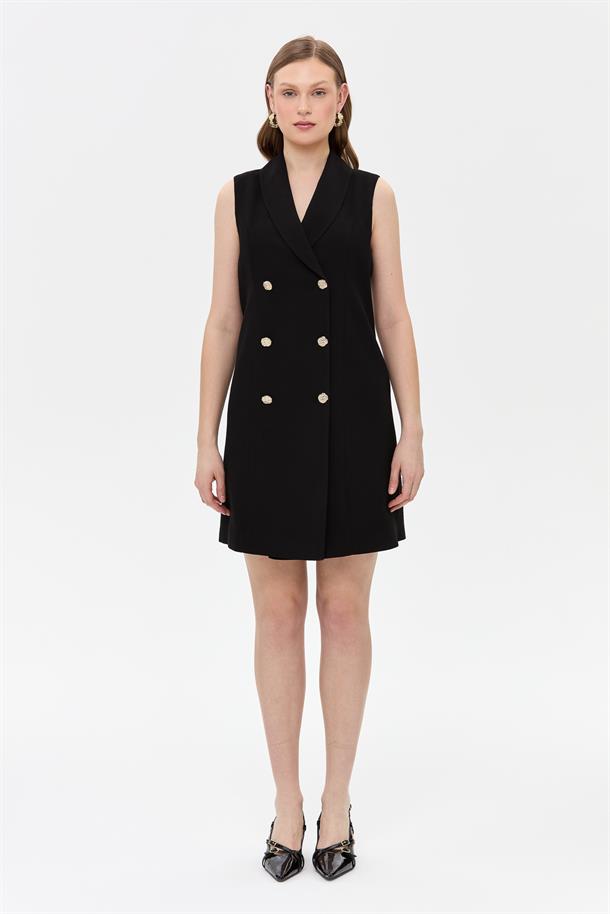 Kruvaze Yaka Kolsuz Krep Elbise-SİYAH