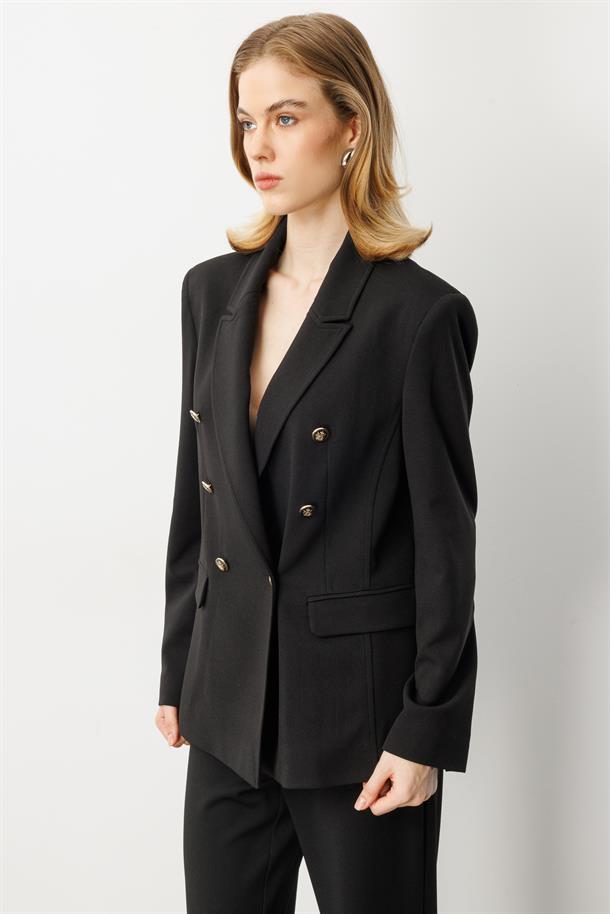 Kruvaze Yaka Krep Ceket-SİYAH