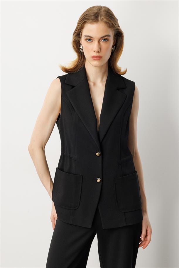 Kruvaze Yaka Krep Yelek-SİYAH