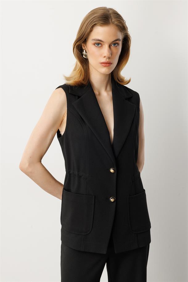 Kruvaze Yaka Krep Yelek-SİYAH