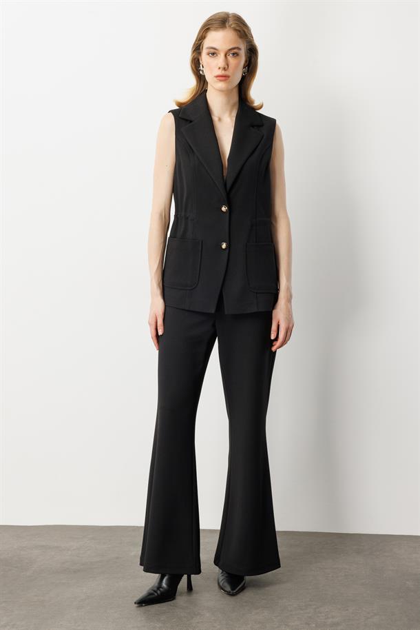 Kruvaze Yaka Krep Yelek-SİYAH