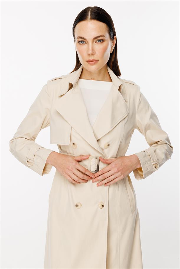Kruvaze Yaka Kuşaklı Trençkot-BEJ