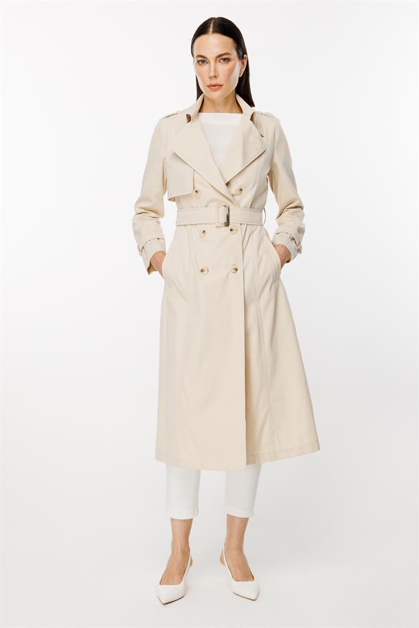 Kruvaze Yaka Kuşaklı Trençkot-BEJ