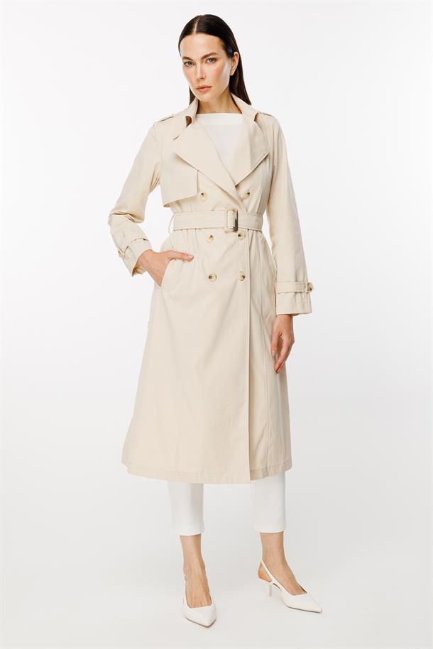 Kruvaze Yaka Kuşaklı Trençkot-BEJ
