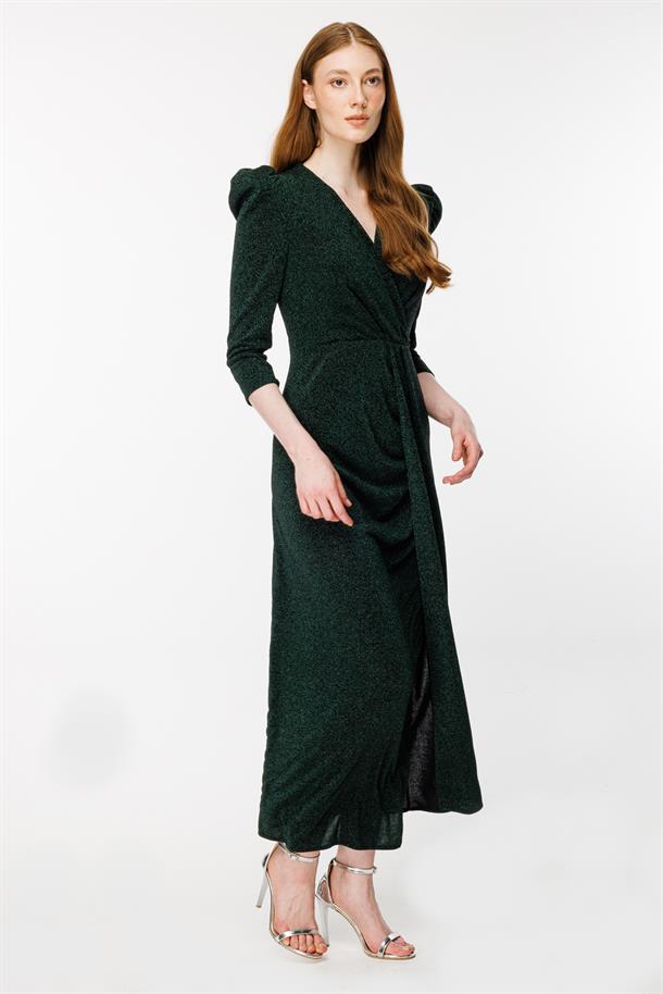 Kruvaze Yaka Sim Ve Yırtmaç Detaylı Abiye-ZÜMRÜT