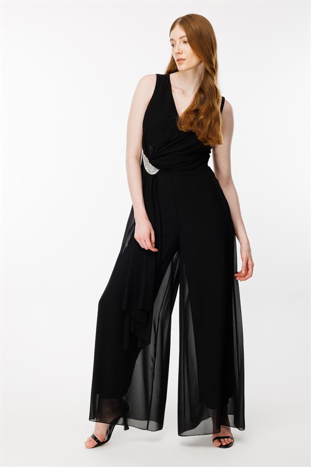 Kruvaze Yaka Taş Detaylı Astarlı Şifon Tulum-SİYAH