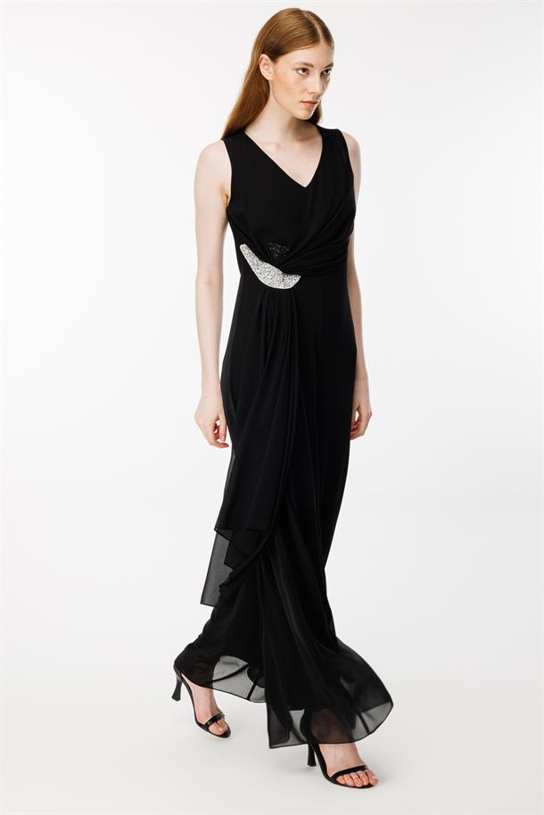 Kruvaze Yaka Taş Detaylı Astarlı Şifon Tulum-SİYAH