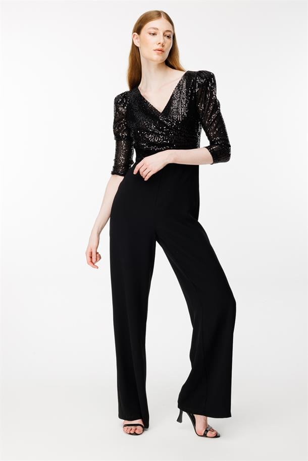 Kruvaze Yaka Üstü Pulpayet Bol Paça Tulum-SİYAH