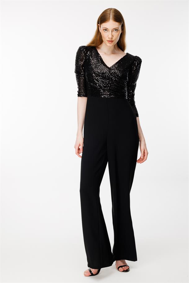 Kruvaze Yaka Üstü Pulpayet Bol Paça Tulum-SİYAH